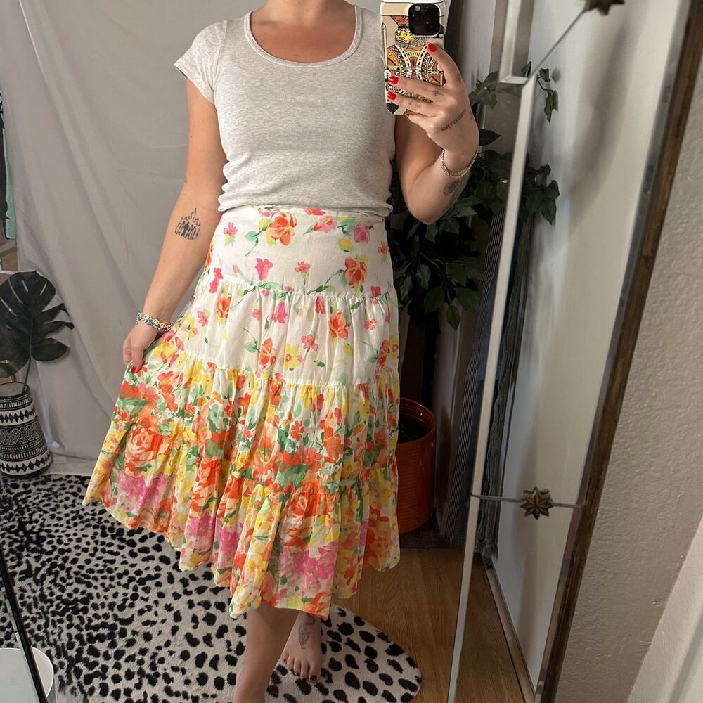 Spring Floral Print Tiered Midi A-Line Skirt Yellow Orange Size 4 Y2K